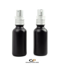 Load image into Gallery viewer, 30 ml MATTE BLACK Glass Perfume Atomizer and/or Treatment Bottles Matte Silver Exposed Thread Caps 1 Oz , 30ml