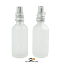 Load image into Gallery viewer, 60 ml FROSTED CLEAR Glass Perfume Atomizer and/or Treatment Bottles Matte Silver Exposed Thread Cap 2 Oz