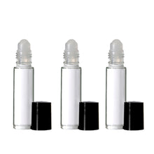 Load image into Gallery viewer, SALE! 12 Clear 10 ml ROLLeR BOTTLES, Essential Oil 10ml ROLL On Bottles White Caps, Empty refillable rollon Oils, Perfume Black , White Caps