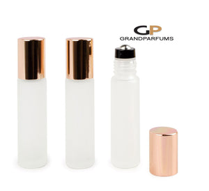 6pcs rose gold shiny or mattecaps, 10ml frosted clear glass bottles with no-leak steel or glass rollers! for essential oil