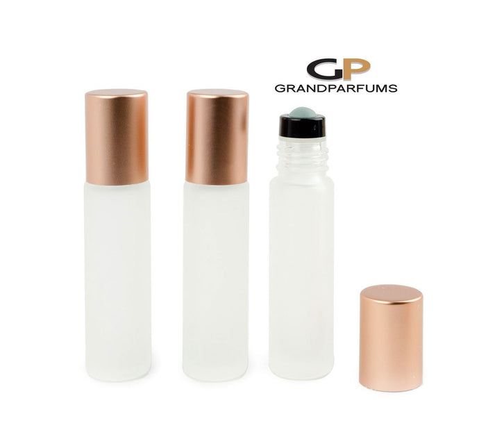 6pcs rose gold shiny or mattecaps, 10ml frosted clear glass bottles with no-leak steel or glass rollers! for essential oil