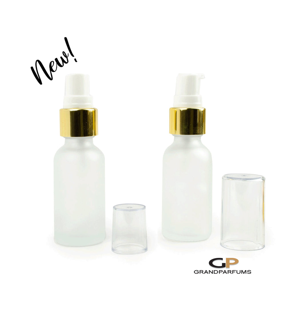 FROSTED 1 Oz Glass Bottles w/ GOLD Metallic Spray and/or Treatment Pumps LUXURY 30ml Cosmetic Skincare Packaging, Serum Lotion Container