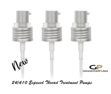 Load image into Gallery viewer, 6-24 SILVER Treatment Pump Exposed Thread Metal Aluminum 20/410 or 24/410 for Glass &amp; Plastic Bottles DIY Dispensing Essential Oil Blends