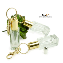 Load image into Gallery viewer, 3 Square Keychain Roller Bottles 5 ml Essential Oil Rollers | Roll On Bottles Portable Refillable 5ml Oil Roller Bottles Gold or Silver Cap