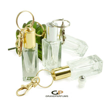 Load image into Gallery viewer, Keychain Essential Oil Roller Bottles 5 ml Square Oil Rollers | 6 pcs Roll On Portable 5ml Oil Roller Bottles Gold or Silver Key Chain Caps