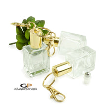 Load image into Gallery viewer, 3 SQUARE FLAT Luxury 10 ml KEYCHAIN Roller Bottles Essential Oil Rollers | Roll On Bottles Refillable 10ml Oil Roller Gold or Silver Cap