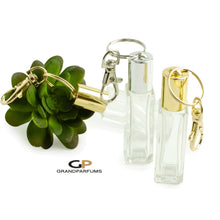 Load image into Gallery viewer, 3 SQUARE Keychain Roller Bottles 7.5 ml Essential Oil Rollers | Roll On Bottles Portable Refillable 7.5ml Oil RollerS Gold or Silver Cap