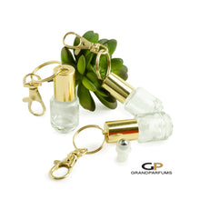 Load image into Gallery viewer, 3 MINI DRAM Keychain Roller Bottles 3.7 ml Essential Oil Rollers | Roll On Bottles Portable Refillable BARREL Oil RollerS Gold or Silver Cap