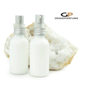 30 ml OPAL WHITE Glass Porcelain Atomizer and/or Treatment Bottles Matte Silver Exposed Thread Caps,  1 Oz Volume, 30ml, Essential Oil