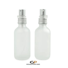 Load image into Gallery viewer, 60 ml FROSTED CLEAR Glass Perfume Atomizer and/or Treatment Bottles Matte Silver Exposed Thread Cap 2 Oz