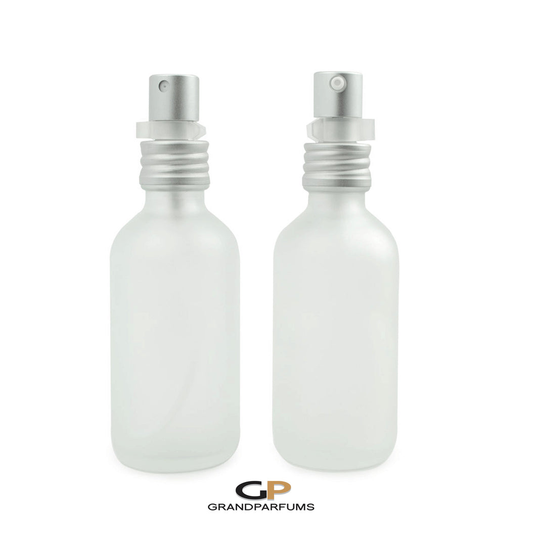 60 ml FROSTED CLEAR Glass Perfume Atomizer and/or Treatment Bottles Matte Silver Exposed Thread Cap 2 Oz