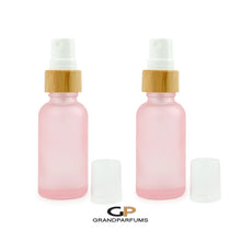 Load image into Gallery viewer, 3Pcs 30 ml BLUSH PINK Glass SPRAY Bottles w/ BAMBOO Perfume Atomizer Mister Cap 1 Oz 30ml