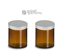 Load image into Gallery viewer, 3 amber glass 8 oz empty cosmetic jars 240ml w/ matte silver metallic upscale caps body butter, sugar scrubs, balms, bath salt conditioner