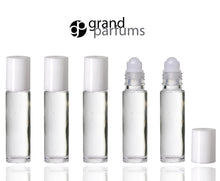 Load image into Gallery viewer, 6 clear roll on bottles w/ white caps premium roller balls for perfume, essential oil, aromatherapy, lip gloss, roll on bottles party favor