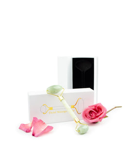 Clear QUARTZ Face ROLLER & Massager GEMSTONE Crystal Facial Tool w/ Your Choice of 8ml Organic Serum Formulated for Your Type Skin,