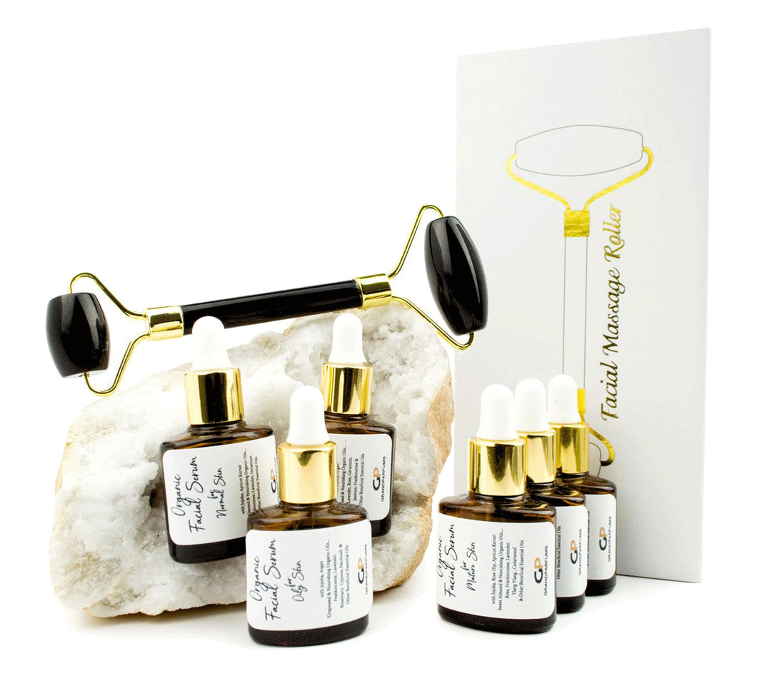 BLACK ONyX Face ROLLER & Massager GEMSTONE Crystal Facial Tool w/ Your Choice of 8ml Organic Serum Formulated for Your Type Skin,