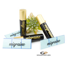 Load image into Gallery viewer, Shiny BLACK Essential Oil Rollers with Vinyl Labels &amp; MATTE GoLD Caps 10ml Roller Bottles MIGRAINE Label Applied to Bottles, or Labels Only