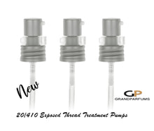 Load image into Gallery viewer, 6-24 SILVER Treatment Pump Exposed Thread Metal Aluminum 20/410 or 24/410 for Glass &amp; Plastic Bottles DIY Dispensing Essential Oil Blends