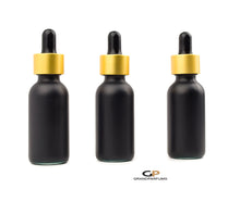 Load image into Gallery viewer, 3 BLACK FROSTED Premium 1 Oz Glass Boston Round Matte Gold/Black Dropper Bottle 30ml Medicine Pipette Oil Serums, Essential Oils Dispensing