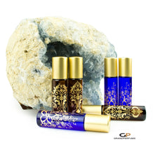 Load image into Gallery viewer, 6 EXQUISITE 10ml Glass  Bottles Gold Foil Stamped Amber or Cobalt Blue w/ Gold or Silver LUXE Metal Caps Event Planners, Purse, Party, Gifts