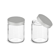 Load image into Gallery viewer, 12 clear flint glass 8 oz empty cosmetic jars 240ml w/ matte silver metallic upscale caps body butter, sugar scrubs,  bath salt conditioner