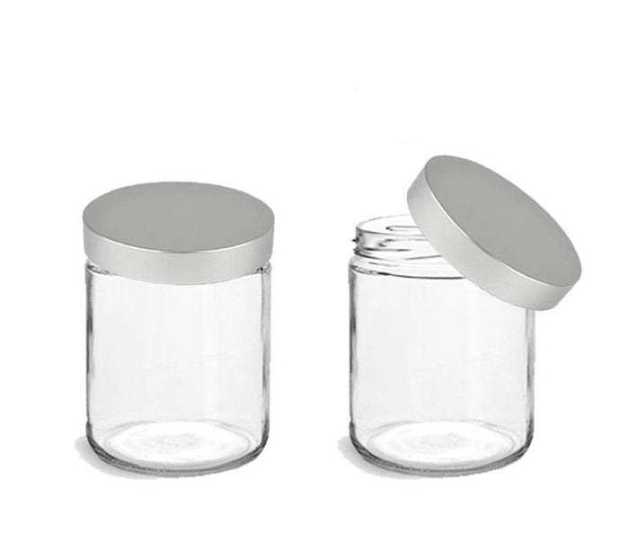 12 clear flint glass 8 oz empty cosmetic jars 240ml w/ matte silver metallic upscale caps body butter, sugar scrubs,  bath salt conditioner