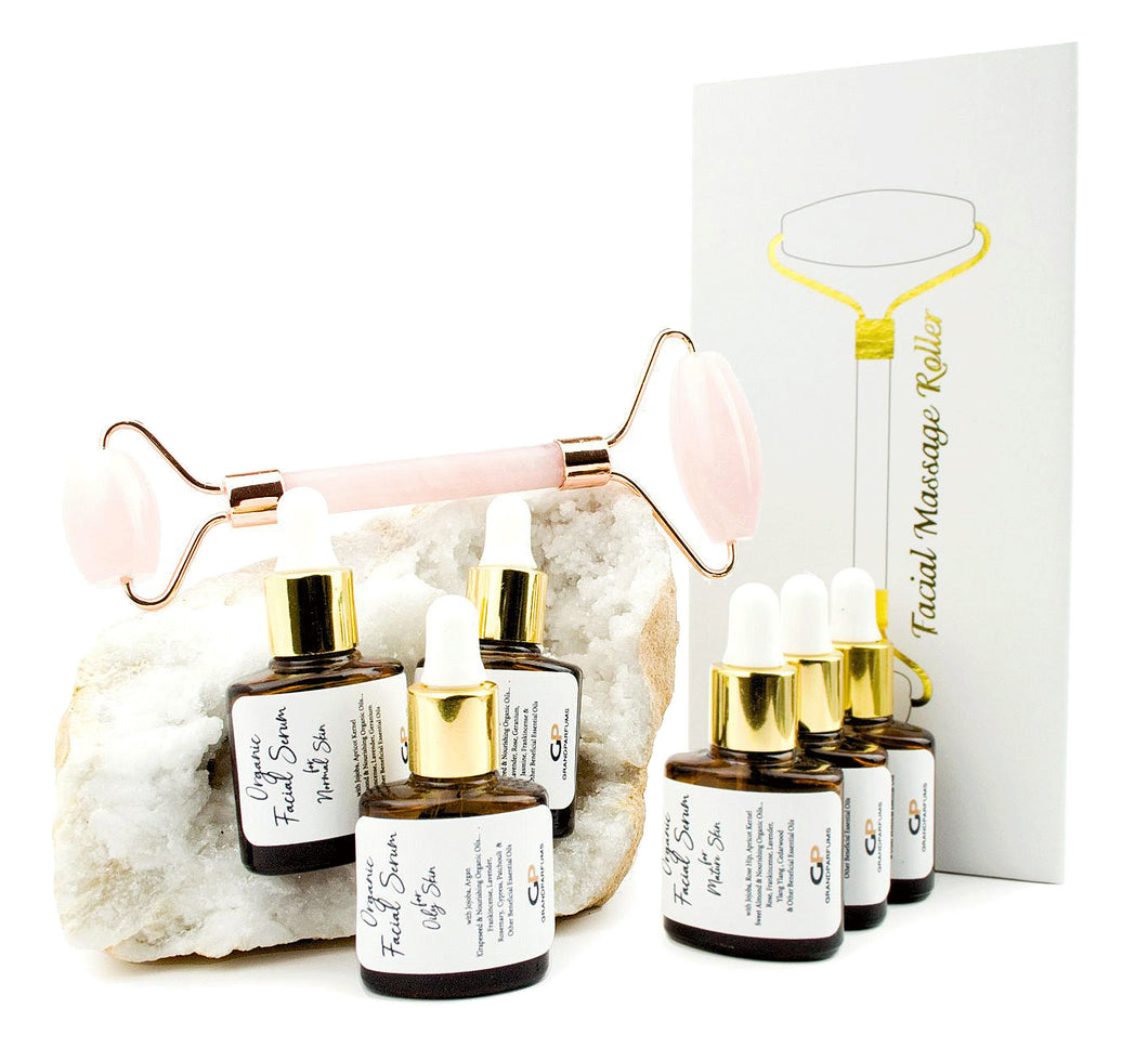 Clear QUARTZ Face ROLLER & Massager GEMSTONE Crystal Facial Tool w/ Your Choice of 8ml Organic Serum Formulated for Your Type Skin,