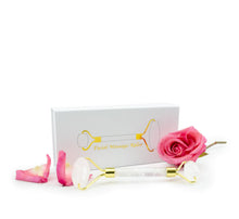 Load image into Gallery viewer, Clear QUARTZ Face ROLLER &amp; Massager GEMSTONE Crystal Facial Tool w/ Your Choice of 8ml Organic Serum Formulated for Your Type Skin,