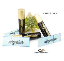 Load image into Gallery viewer, Shiny BLACK Essential Oil Rollers with Vinyl Labels &amp; MATTE GoLD Caps 10ml Roller Bottles MIGRAINE Label Applied to Bottles, or Labels Only
