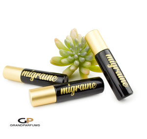 Shiny BLACK Essential Oil Rollers with Vinyl Labels & MATTE GoLD Caps 10ml Roller Bottles MIGRAINE Label Applied to Bottles, or Labels Only