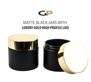 12 Ultra Luxury Matte Black 8 oz jars 240ml with high profile gold lids body butter scrub salts, unisex, modern spa, private label packaging