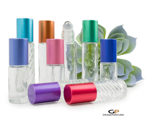 Essential Oil Perfume Bottles Premium Aluminum RAINBOW CAPS  5ml or 10ml Glass SWIRL or CLeAR w/ Steel or Glass Rollers Oil Roller 8 Pc Set