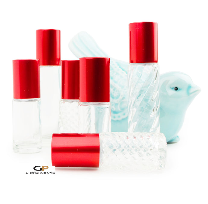 6-12Pcs Essential Oil Perfume Bottles HOLIDAY RED Aluminum Caps, 5ml or 10ml Glass SWIRL or CLeAR w/  Steel or Glass Rollers Oil Roller