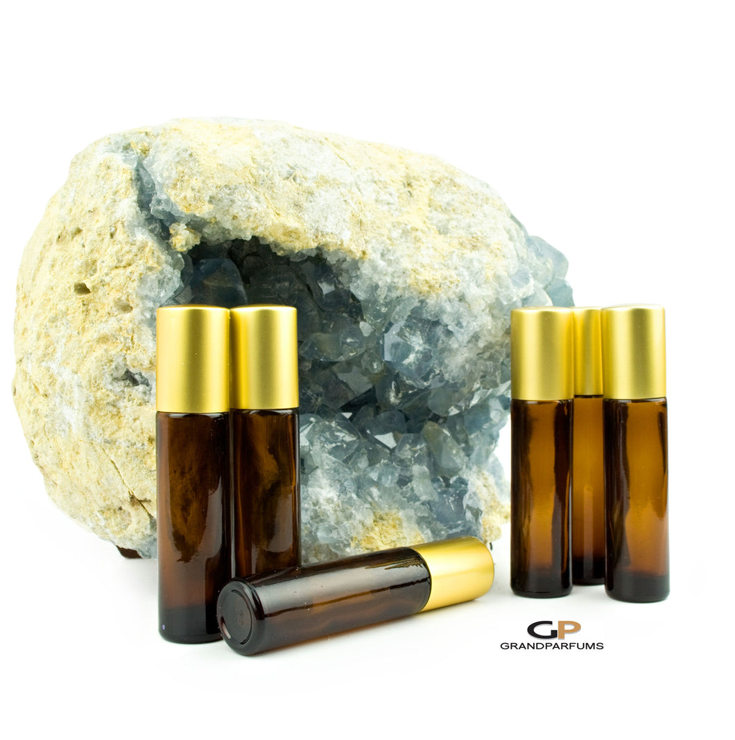 6 Pcs 10ml Amber Glass RollER Bottles Premium Glass Rollerballs w/ MATTE GOLD orCOPPER Caps Perfume Essential Oil, Purse Travel