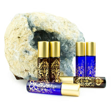Load image into Gallery viewer, 100 EXQUISITE 10ml Glass  Bottles Gold Foil Stamped Amber or Cobalt Blue w/ Gold or Silver LUXE Metal Caps Event Planners Favors Party Gifts