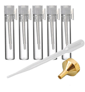 100 Pcs 1ml Glass Vials with Funnel and Pipette for Sampling Perfumes, Oils, Colognes, (.7ml) 8x35mm Sample Vials Essential Oil Samplers