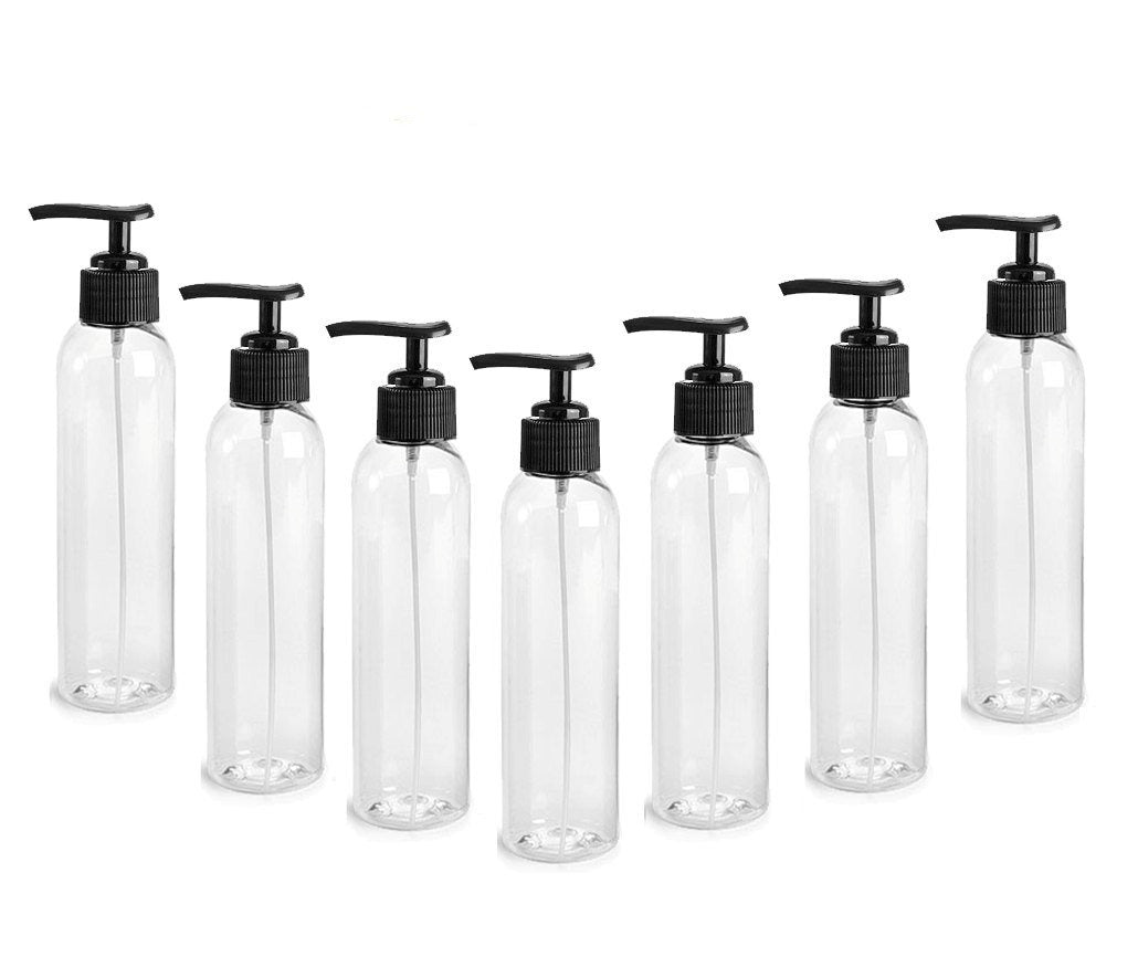 6 Clear Lotion Pump Dispenser BOTTLES 4 Oz, BPA Free PET Black Pump Cap Lotion, Shampoo, Body Cream, Soap Aromatherapy, Essential Oil