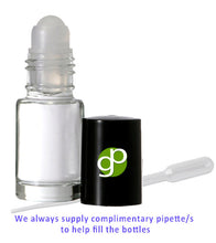 Load image into Gallery viewer, Bulk Lot 144 5ml empty clear glass roll on bottles with roller tops and black bottle caps  1 dram size for essential oils perfume