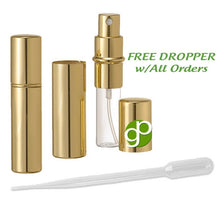Load image into Gallery viewer, Gold Perfume Atomizer, New, Shiny Empty, Refillable Purse Spray Bottle, Travel Bottle 10ml of Perfume, Cologne, with Dropper and Funnel
