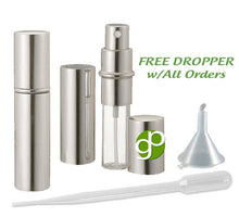 Load image into Gallery viewer, Gold Perfume Atomizer, New, Shiny Empty, Refillable Purse Spray Bottle, Travel Bottle 10ml of Perfume, Cologne, with Dropper and Funnel