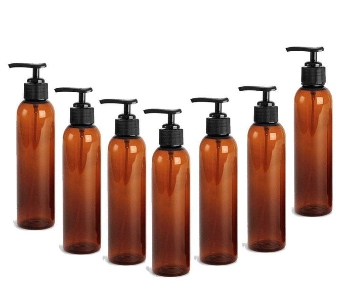 6 Amber 8 Oz Lotion Pump Dispenser PET Plastic BOTTLES BPA Free Black Pump Cap Lotion, Shampoo, Body Cream, Soap Aromatherapy, Essential Oil