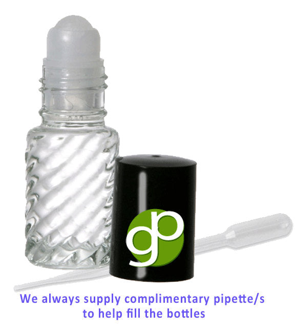 Swirled Glass Roll on Bottles SALE 5ml empty clear w/ roller tops and black bottle caps 1 dram for essential oils or perfume bottles