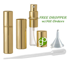 Load image into Gallery viewer, Gold Perfume Atomizer, New, Shiny Empty, Refillable Purse Spray Bottle, Travel Bottle 10ml of Perfume, Cologne, with Dropper and Funnel