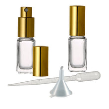 Load image into Gallery viewer, 5ml Glass Fine Mist Atomizer Spray Bottles, with Gold or Silver Spray Caps, Funnel and Pipette, Refillable perfume bottles, Great Quality