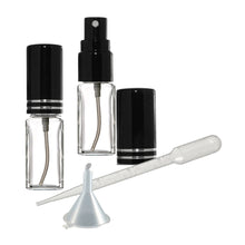 Load image into Gallery viewer, 5ml Glass Fine Mist Atomizer Spray Bottles, with Gold or Silver Spray Caps, Funnel and Pipette, Refillable perfume bottles, Great Quality