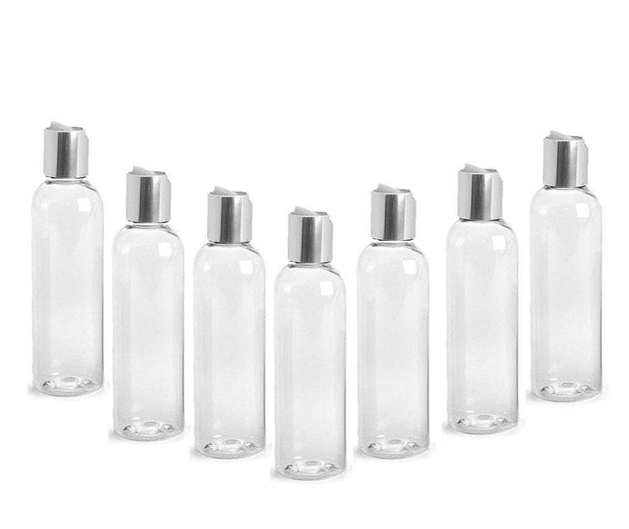 3 4 Oz BPA Free PET Plastic BOTTLES, Silver Disc Cap 120mL, Lotion, Shampoo, Conditioner, Aromatherapy,  Squeeze No Leak Bottles