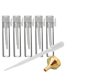 1,000 Short glass perfume vials w/ plastic wand lids, w/ Dropper and Funnel sampler 1mL volume for perfume/oil tester clear glass 8x35mm