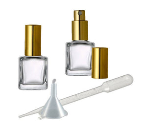6pcs Cubic 5ml Glass Fine Mist Atomizer Spray Bottles, with Gold Spray Cap(s), Funnel and Pipette, Refillable perfume bottles, Great Quality