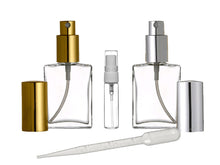 Load image into Gallery viewer, 2 Oz 60ml Square Flat Glass Atomizer Spray Bottles Mist ,Gold or Silver Spray Cap FREE Travel Atomizer &amp; Pipette, Refillable perfume bottles