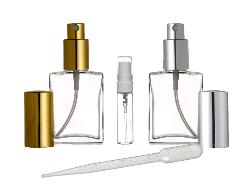 2 Oz 60ml Square Flat Glass Atomizer Spray Bottles Mist ,Gold or Silver Spray Cap FREE Travel Atomizer & Pipette, Refillable perfume bottles